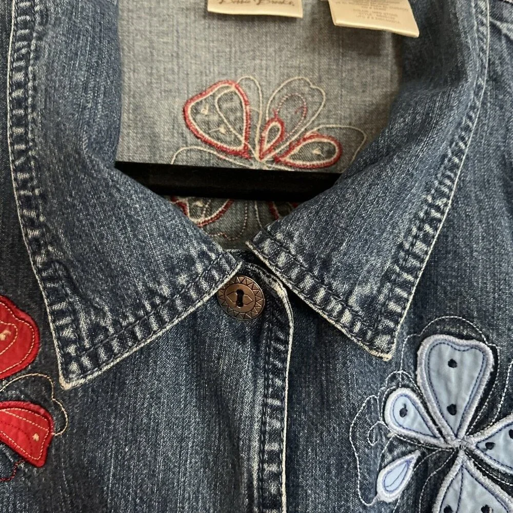 VTG Bobbie Brooks Womans XL Denim Flower Patch Embroidery Button Shirt Jacket - Picture 5 of 14